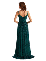 Sexy Side Slit Spaghetti Straps Mermaid Floral Velvet Long Maid of Honor Dresses