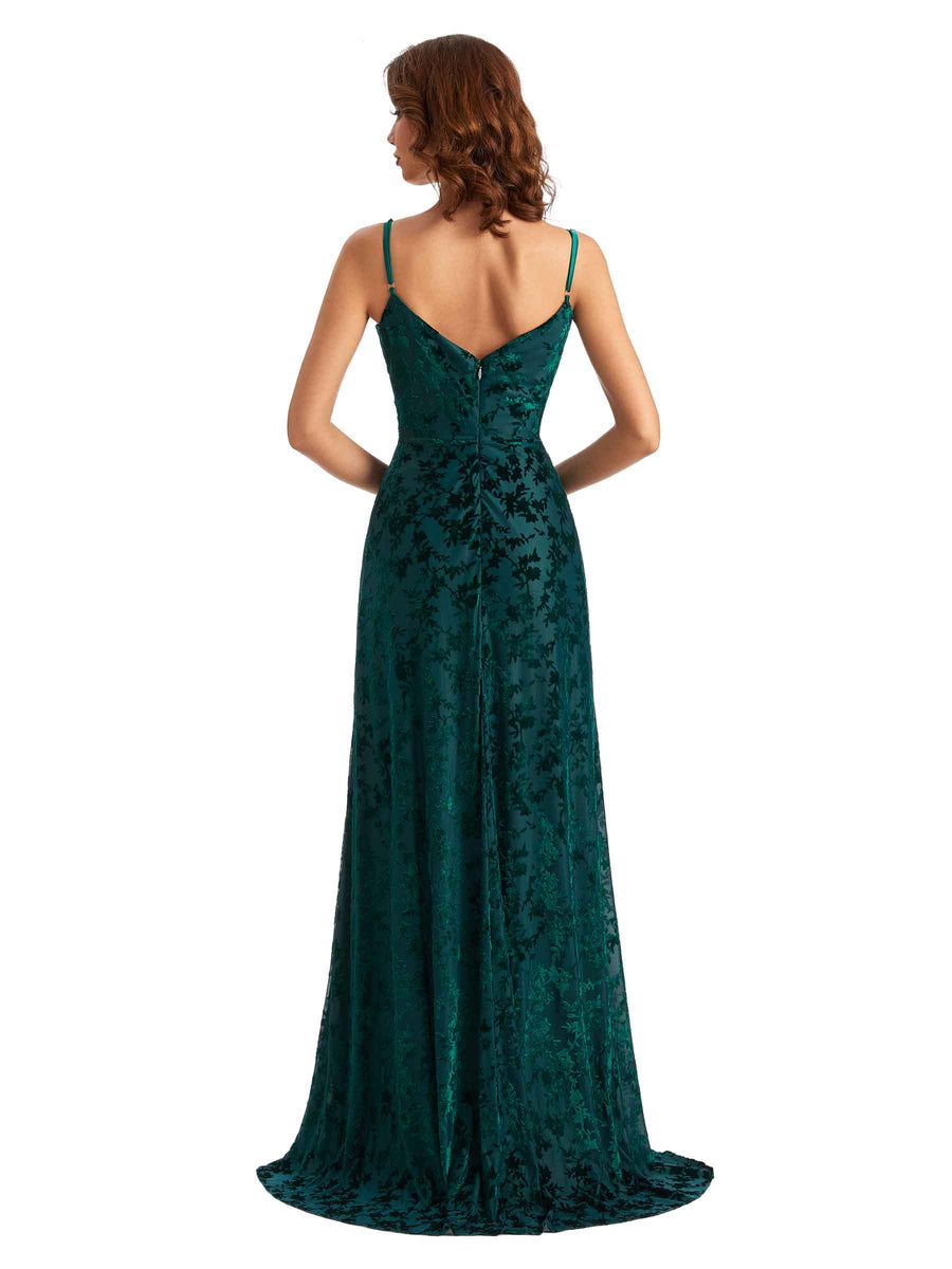 Sexy Side Slit Spaghetti Straps Mermaid Floral Velvet Long Maid of Honor Dresses