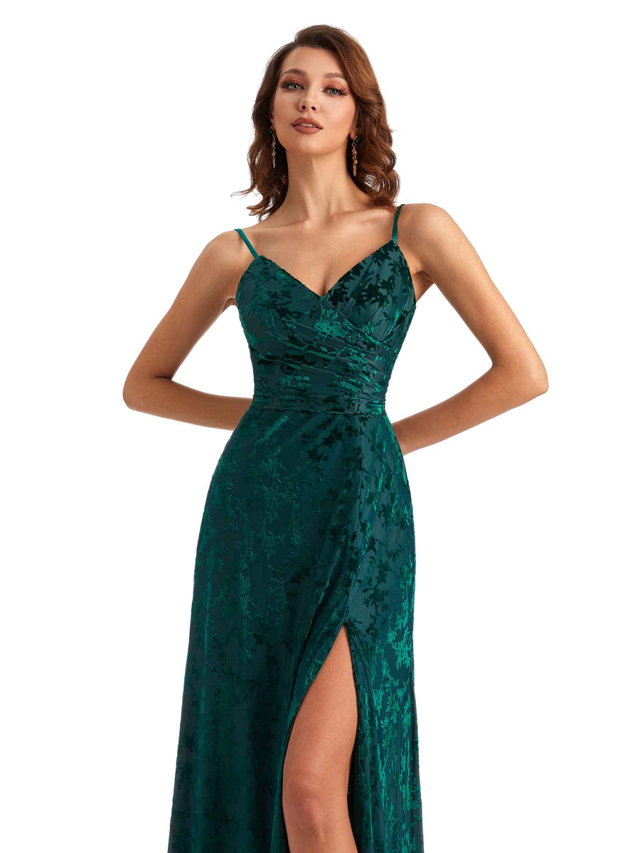 Sexy Side Slit Spaghetti Straps Mermaid Floral Velvet Long Maid of Honor Dresses