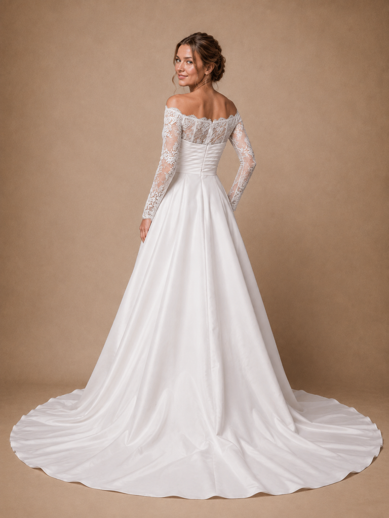 ChicSew Morden Unique Lace Applique Long Sleeves Satin Ruched Floor-Length Wedding Jumpsuit With Overskirt