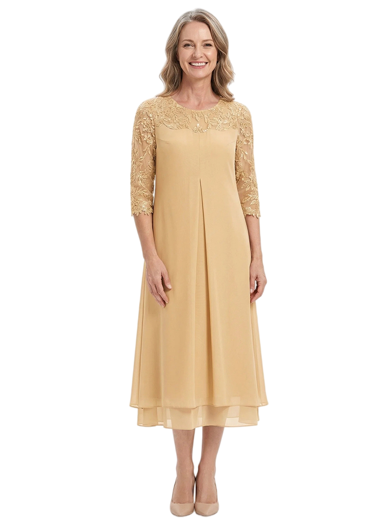 ChicSew Jewel Long Sleeve Beaded Lace Applique Tea Length Chiffon Casual Mother Of The Bride And Groom Dresses