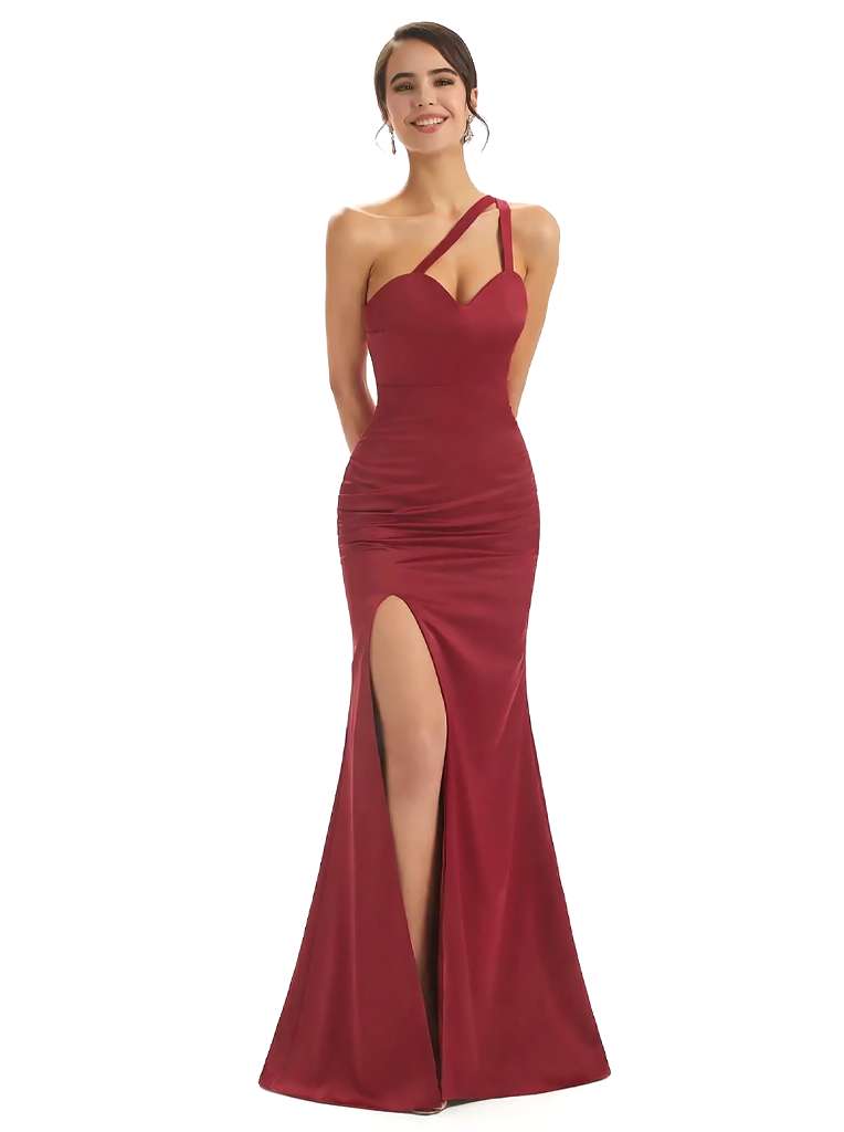 Sexy One Shoulder Mermaid Silky Satin Long Evening Dresses For Wedding Side Slit