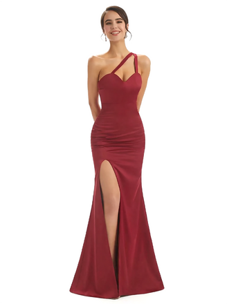 Sexy One Shoulder Mermaid Silky Satin Long Evening Dresses For Wedding Side Slit