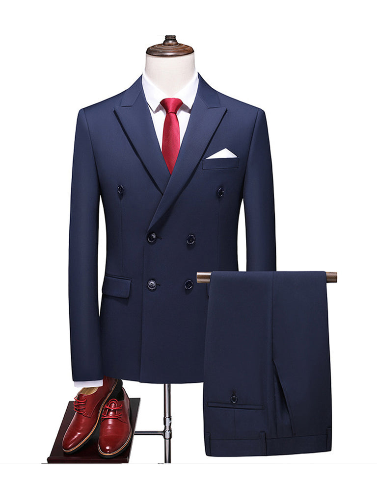 Dark navy 3 pieces Men‘s Suit Slim Fit Flat Double Breasted Peak Lapel Tuxedo CN506