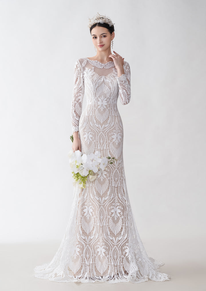 Sexy Mermaid Long Sleeves Jewel Maxi Long Lace Wedding Dresses