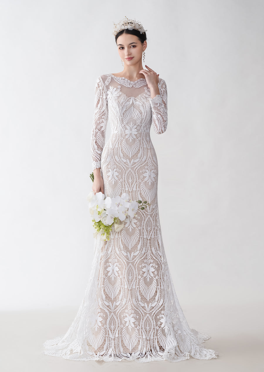 Sexy Mermaid Long Sleeves Jewel Maxi Long Lace Wedding Dresses