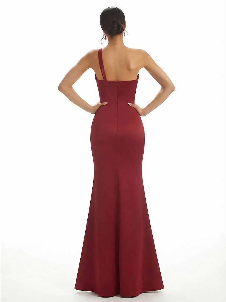 Sexy One Shoulder Mermaid Silky Satin Long Evening Dresses For Wedding Side Slit