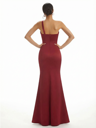 Sexy One Shoulder Mermaid Silky Satin Long Evening Dresses For Wedding Side Slit