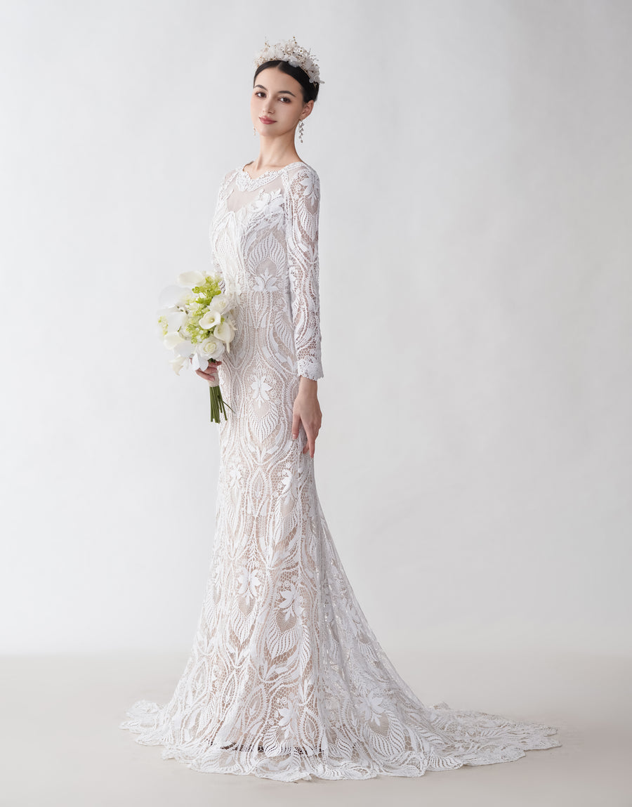 Sexy Mermaid Long Sleeves Jewel Maxi Long Lace Wedding Dresses