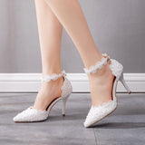 Large size 5cm lace high heels stiletto medium heel wedding shoes work pointed toe bridesmaid shoes annual party photo shoes
