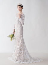 Sexy Mermaid Long Sleeves Jewel Maxi Long Lace Wedding Dresses