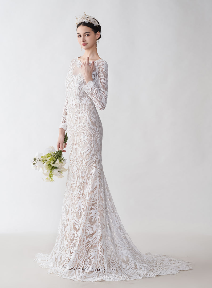 Sexy Mermaid Long Sleeves Jewel Maxi Long Lace Wedding Dresses