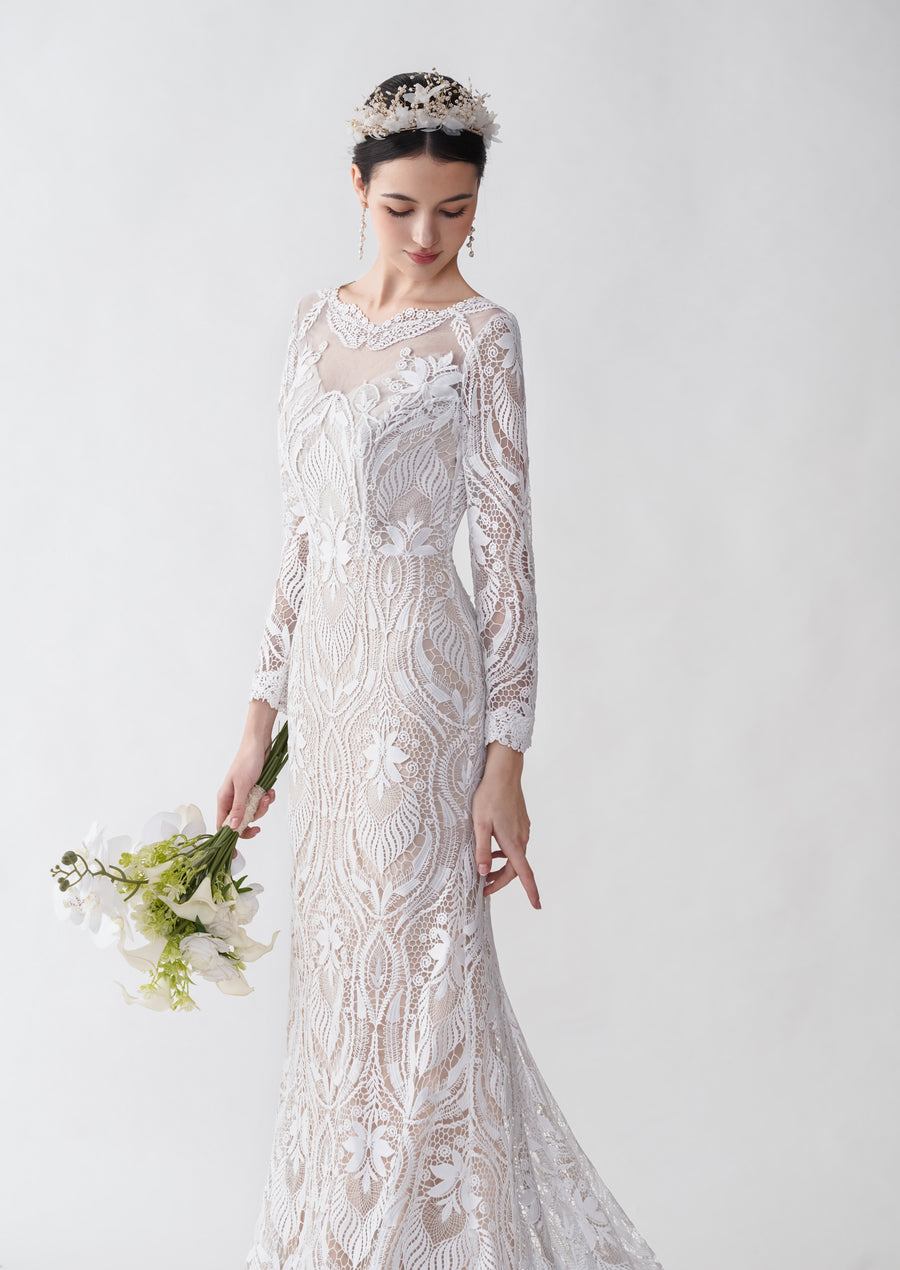 Sexy Mermaid Long Sleeves Jewel Maxi Long Lace Wedding Dresses