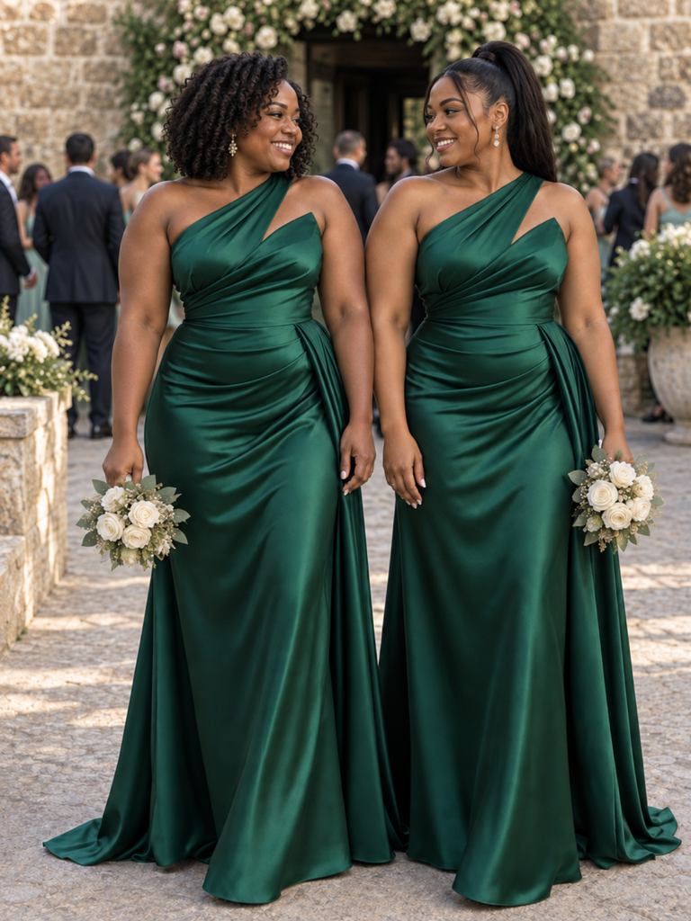 ChicSew Sexy One Shoulder Soft Satin Mermaid Ruched Floor-Length Bridesmaid Dresses