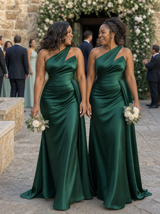 ChicSew Sexy One Shoulder Soft Satin Mermaid Ruched Floor-Length Bridesmaid Dresses