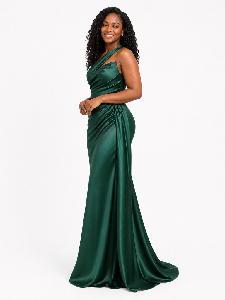 ChicSew Sexy One Shoulder Soft Satin Mermaid Ruched Floor-Length Bridesmaid Dresses