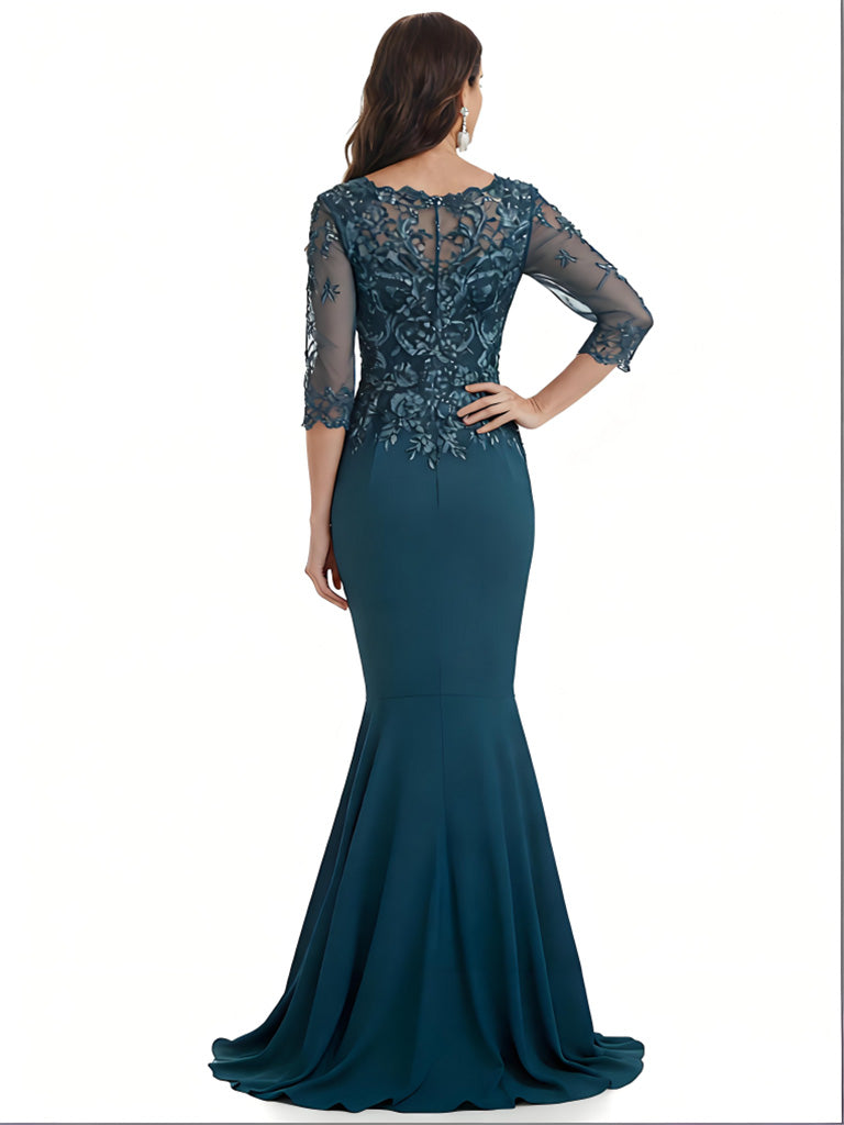 Elegant V-neck Long Sleeves Mermaid Split Lace Crepe Mother Of The Bride Dresses