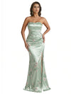 Trendy Sweetheart Strapless Side Slit Mermaid Long Satin Floral Formal Dresses For Women