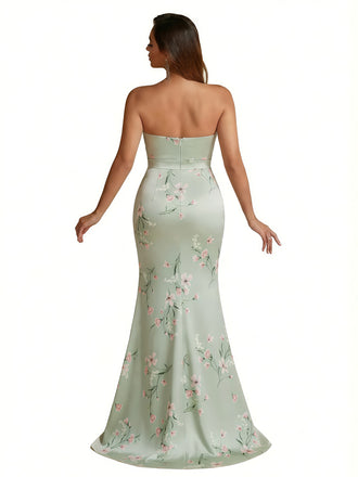 Trendy Sweetheart Strapless Side Slit Mermaid Long Satin Floral Formal Dresses For Women