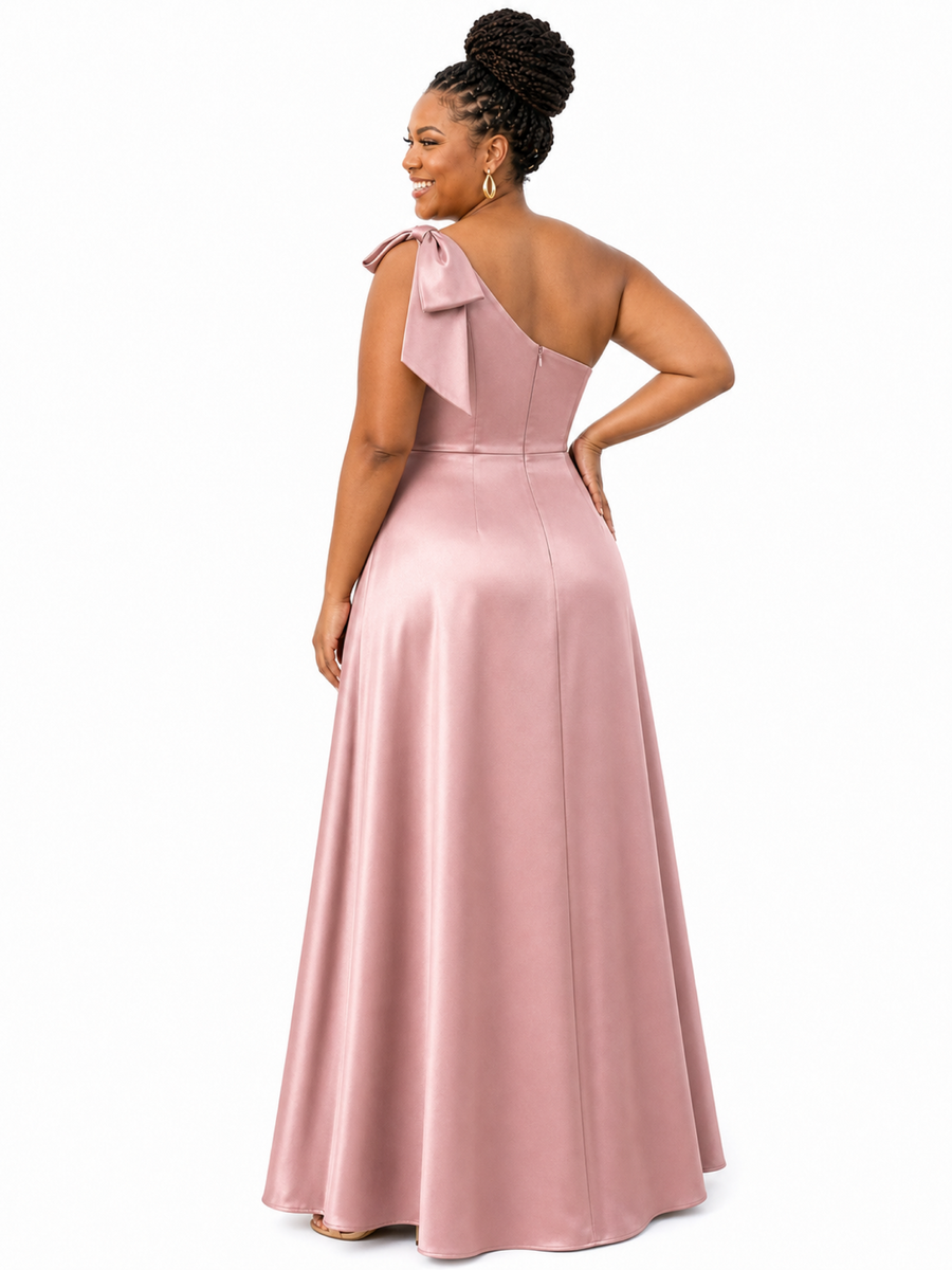 ChicSew Elegant One Shoulder Soft Satin A-Line Side Slit Floor-Length Bridesmaid Dresses With Bow
