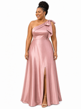 ChicSew Elegant One Shoulder Soft Satin A-Line Side Slit Floor-Length Bridesmaid Dresses With Bow