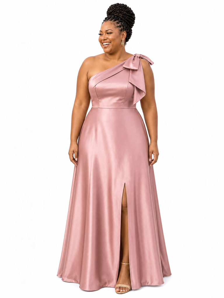 ChicSew Elegant One Shoulder Soft Satin A-Line Side Slit Floor-Length Bridesmaid Dresses With Bow