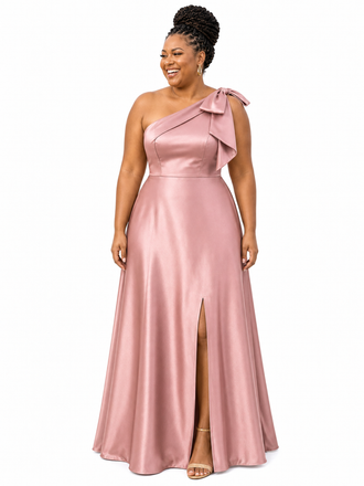 ChicSew Elegant One Shoulder Soft Satin A-Line Side Slit Floor-Length Bridesmaid Dresses With Bow