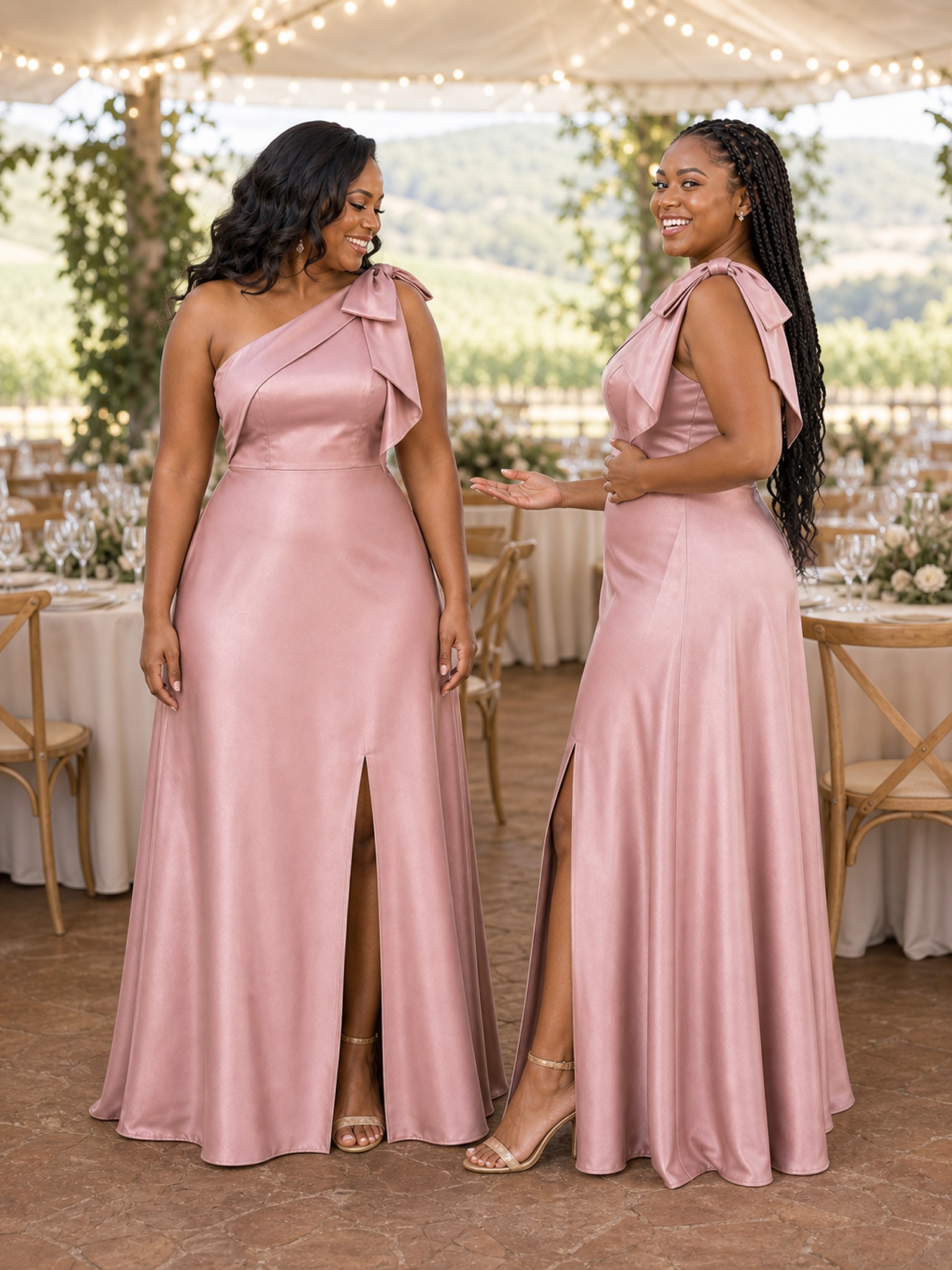 ChicSew Elegant One Shoulder Soft Satin A-Line Side Slit Floor-Length Bridesmaid Dresses With Bow