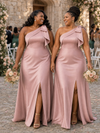 ChicSew Elegant One Shoulder Soft Satin A-Line Side Slit Floor-Length Bridesmaid Dresses With Bow