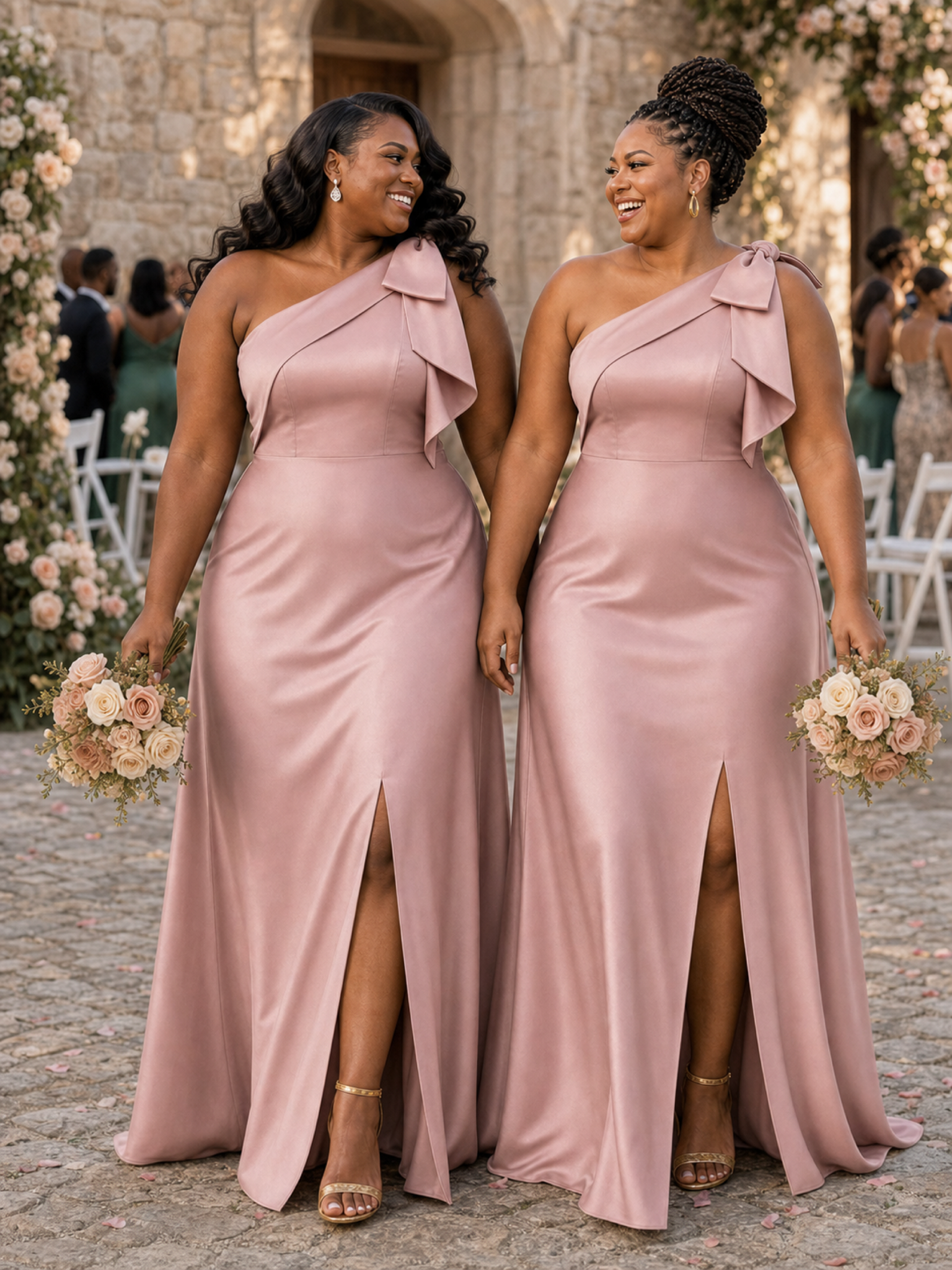 ChicSew Elegant One Shoulder Soft Satin A-Line Side Slit Floor-Length Bridesmaid Dresses With Bow