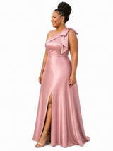 ChicSew Elegant One Shoulder Soft Satin A-Line Side Slit Floor-Length Bridesmaid Dresses With Bow