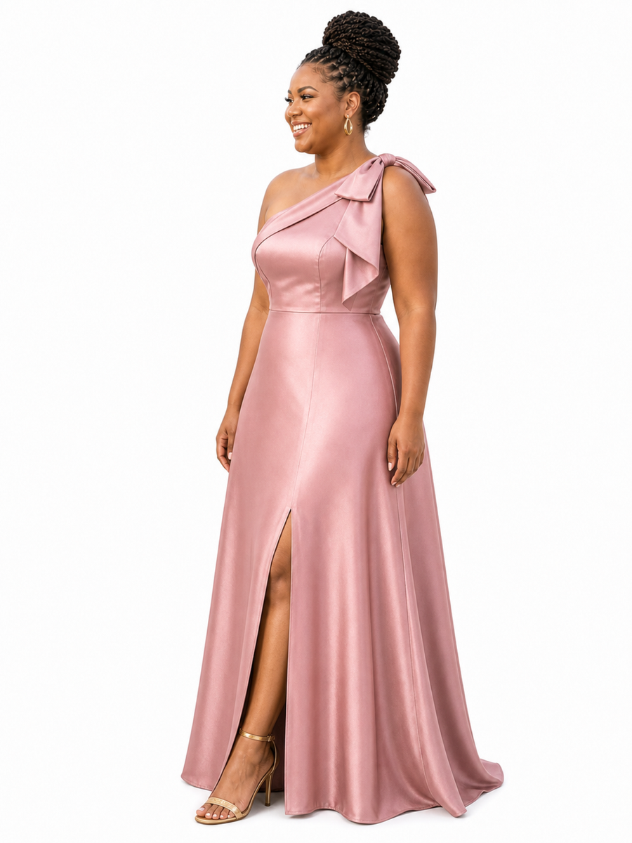 ChicSew Elegant One Shoulder Soft Satin A-Line Side Slit Floor-Length Bridesmaid Dresses With Bow