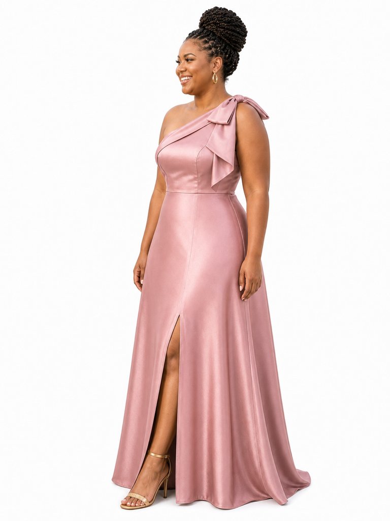ChicSew Elegant One Shoulder Soft Satin A-Line Side Slit Floor-Length Bridesmaid Dresses With Bow