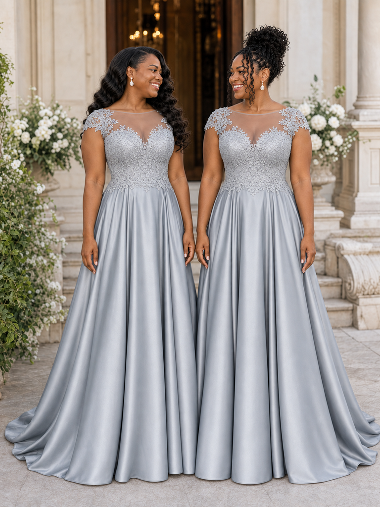 ChicSew Elegant Illusion Cap Sleeveless A-Line Soft Satin Long Bridesmaid Dresses With Lace Appliques