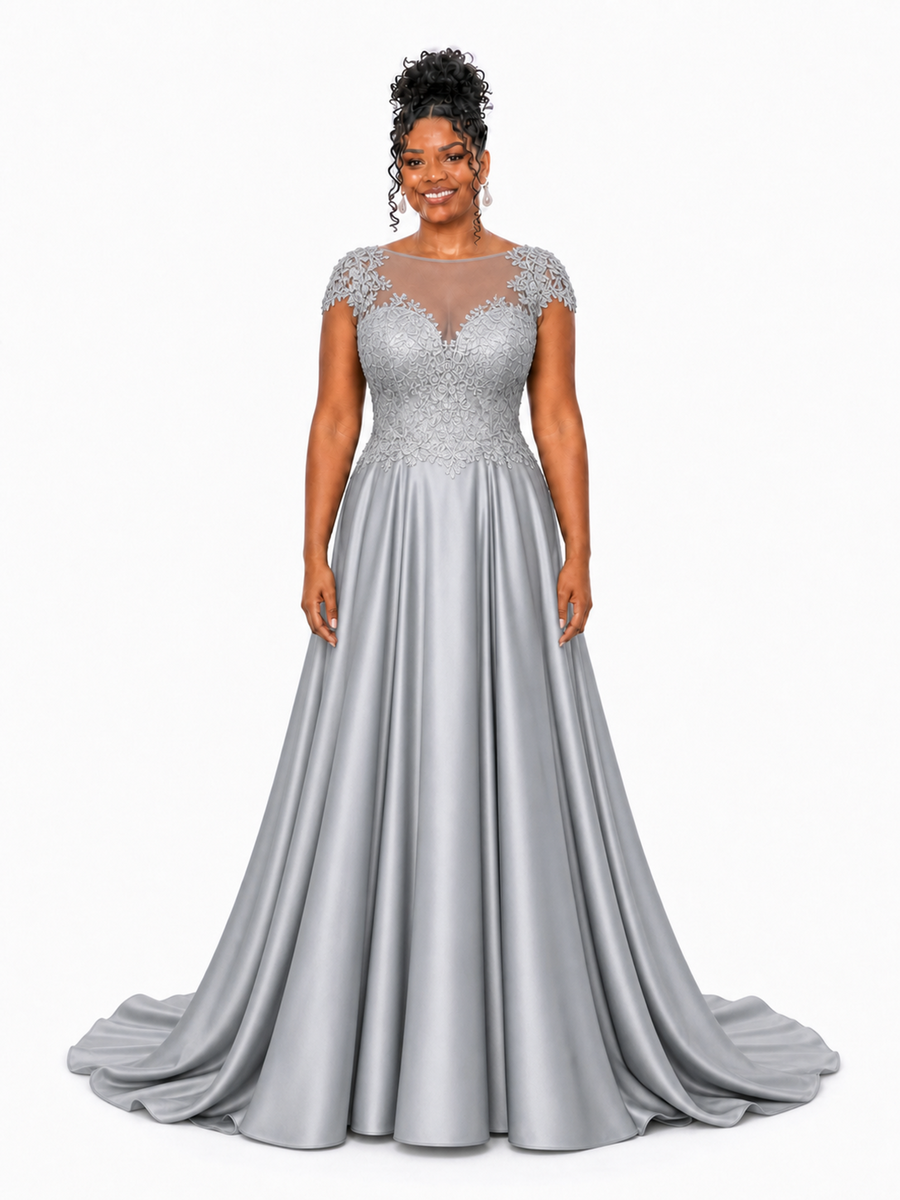 ChicSew Elegant Illusion Cap Sleeveless A-Line Soft Satin Long Bridesmaid Dresses With Lace Appliques — Flatter Your Figure