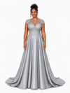 ChicSew Elegant Illusion Cap Sleeveless A-Line Soft Satin Long Bridesmaid Dresses With Lace Appliques