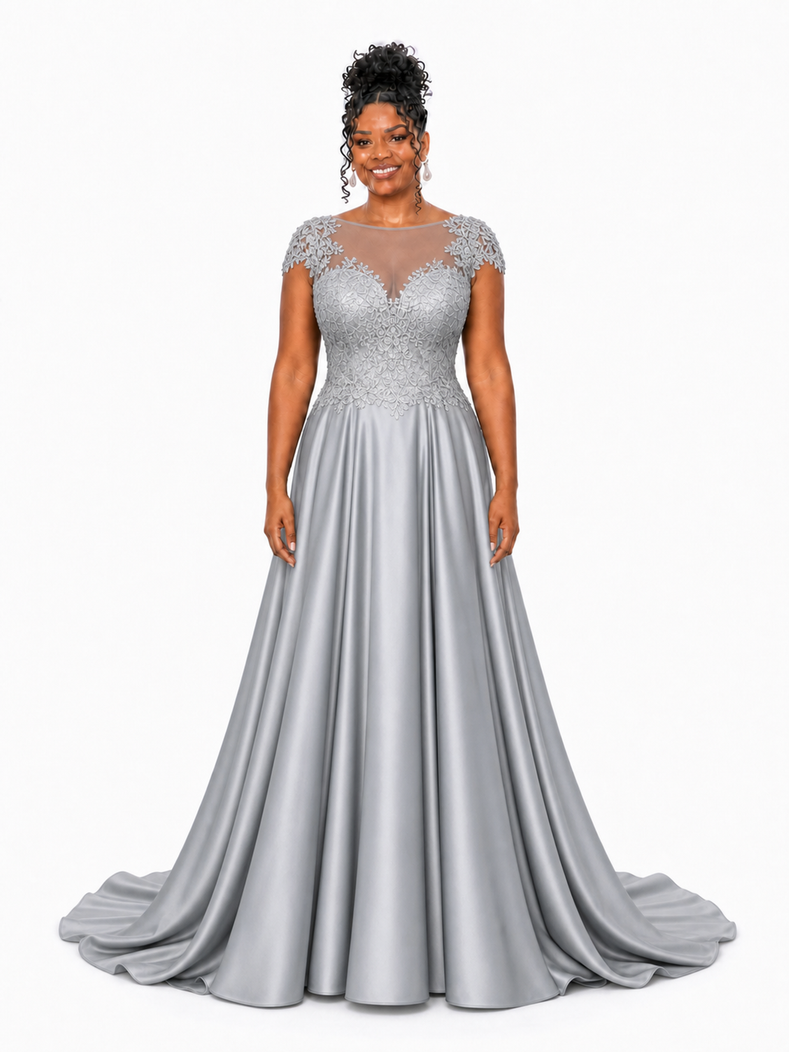 ChicSew Elegant Illusion Cap Sleeveless A-Line Soft Satin Long Bridesmaid Dresses With Lace Appliques