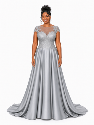 ChicSew Elegant Illusion Cap Sleeveless A-Line Soft Satin Long Bridesmaid Dresses With Lace Appliques