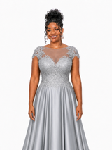 ChicSew Elegant Illusion Cap Sleeveless A-Line Soft Satin Long Bridesmaid Dresses With Lace Appliques