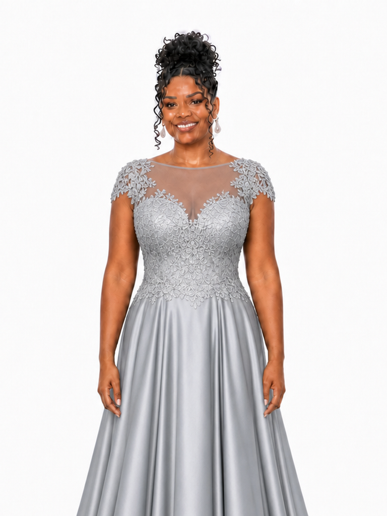ChicSew Elegant Illusion Cap Sleeveless A-Line Soft Satin Long Bridesmaid Dresses With Lace Appliques