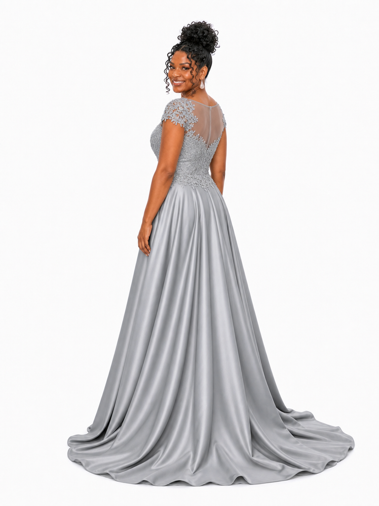 ChicSew Elegant Illusion Cap Sleeveless A-Line Soft Satin Long Bridesmaid Dresses With Lace Appliques