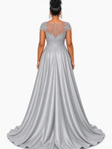 ChicSew Elegant Illusion Cap Sleeveless A-Line Soft Satin Long Bridesmaid Dresses With Lace Appliques