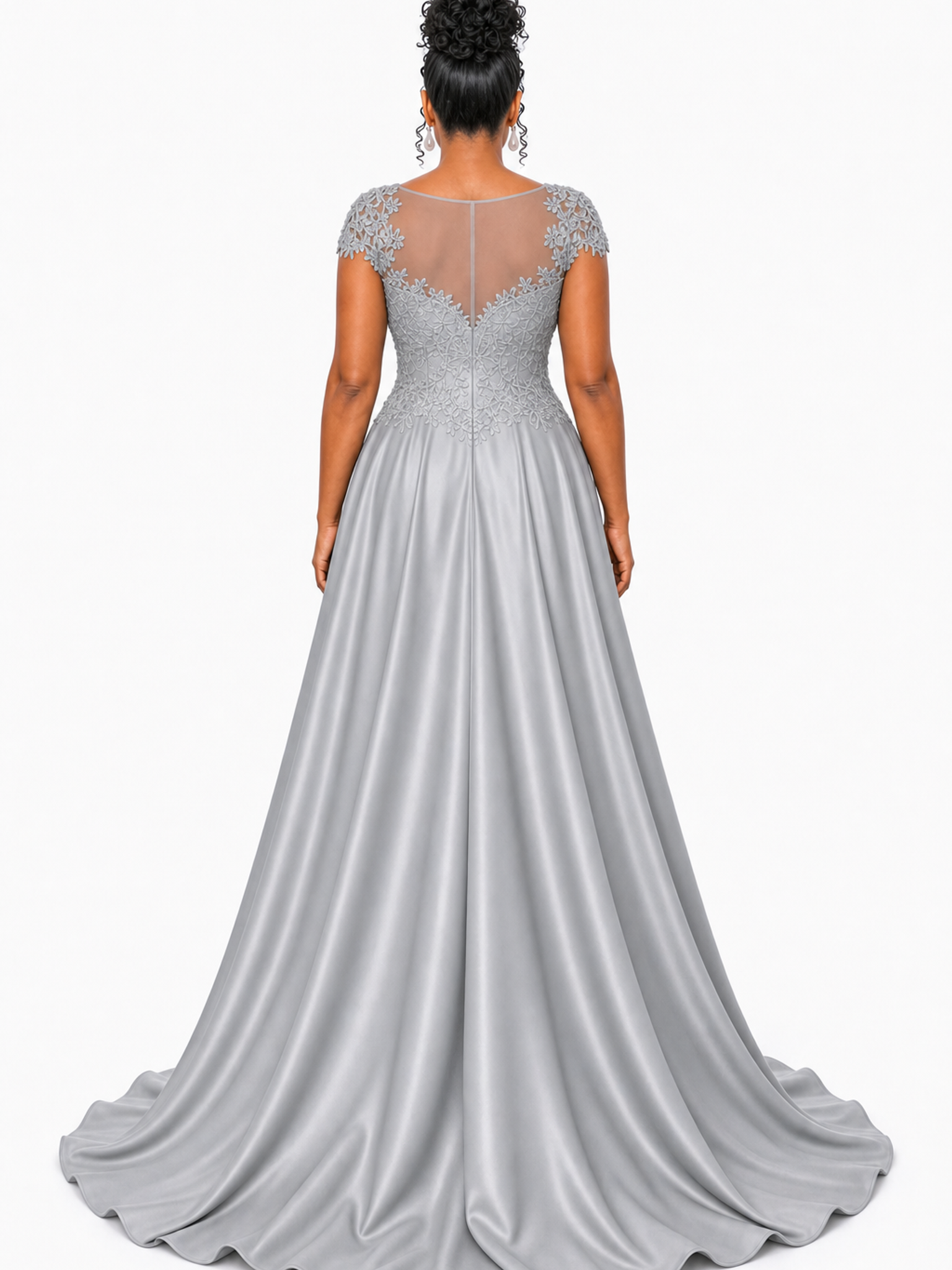 ChicSew Elegant Illusion Cap Sleeveless A-Line Soft Satin Long Bridesmaid Dresses With Lace Appliques