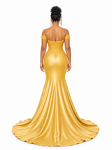 ChicSew Elegant Soft Satin Lace Applique Off Shoulder Mermaid Long Bridesmaid Dresses