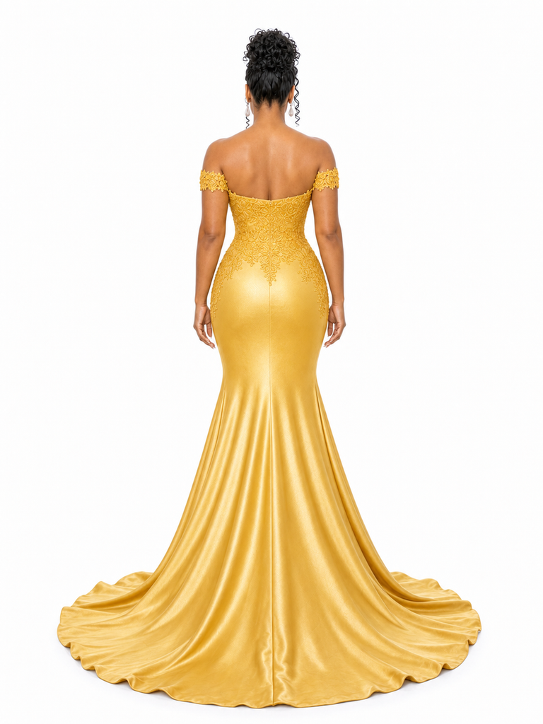 ChicSew Elegant Soft Satin Lace Applique Off Shoulder Mermaid Long Bridesmaid Dresses