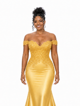 ChicSew Elegant Soft Satin Lace Applique Off Shoulder Mermaid Long Bridesmaid Dresses