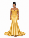 ChicSew Elegant Soft Satin Lace Applique Off Shoulder Mermaid Long Bridesmaid Dresses
