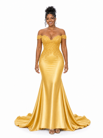 ChicSew Elegant Soft Satin Lace Applique Off Shoulder Mermaid Long Bridesmaid Dresses