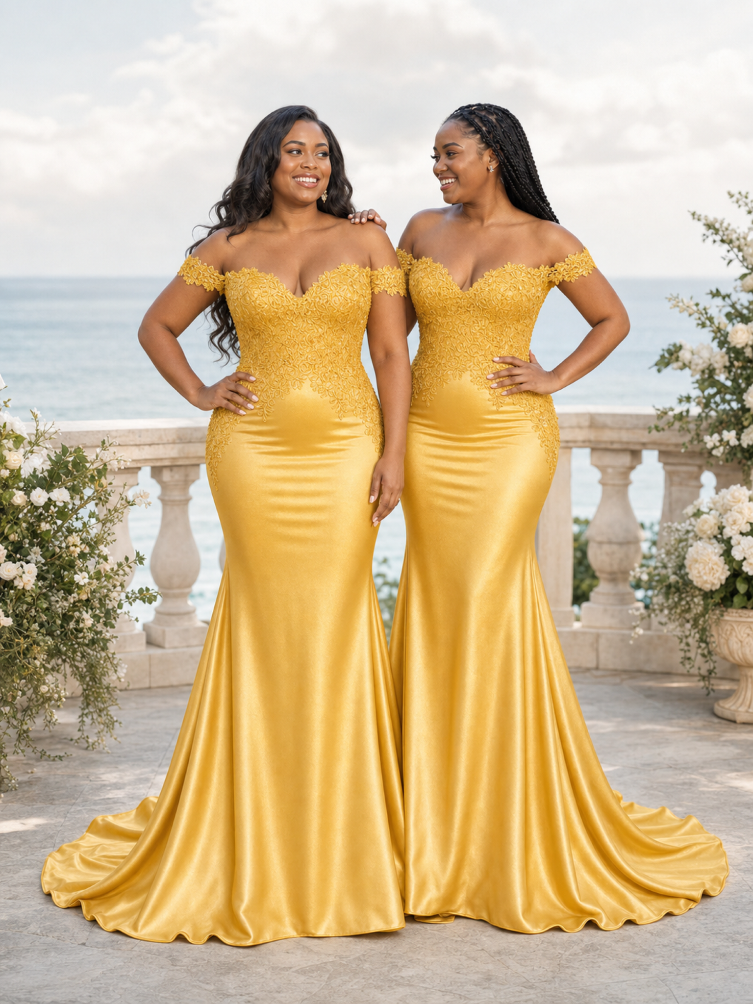 ChicSew Elegant Soft Satin Lace Applique Off Shoulder Mermaid Long Bridesmaid Dresses