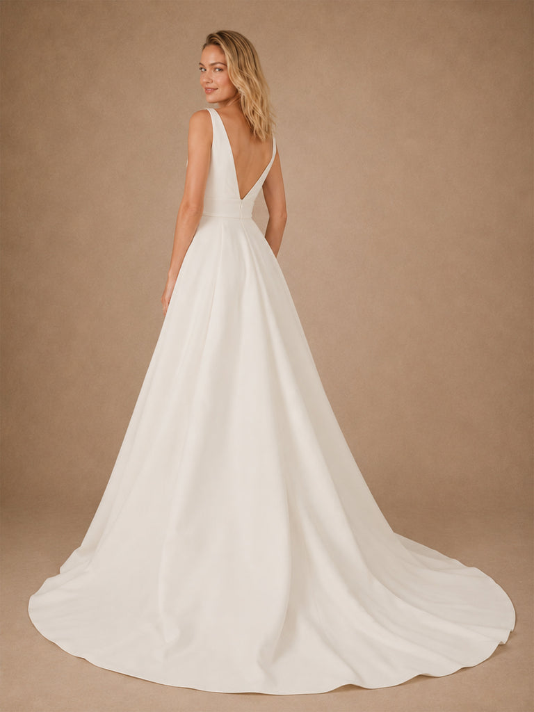 ChicSew Sexy Spaghetti Straps V-Neck A-Line Crepe Side Slit Maxi Wedding Dress